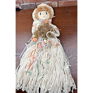 Vintage Mop Doll Handmade Country Doll crocheted Hat Ribbons Birds nest Pearls